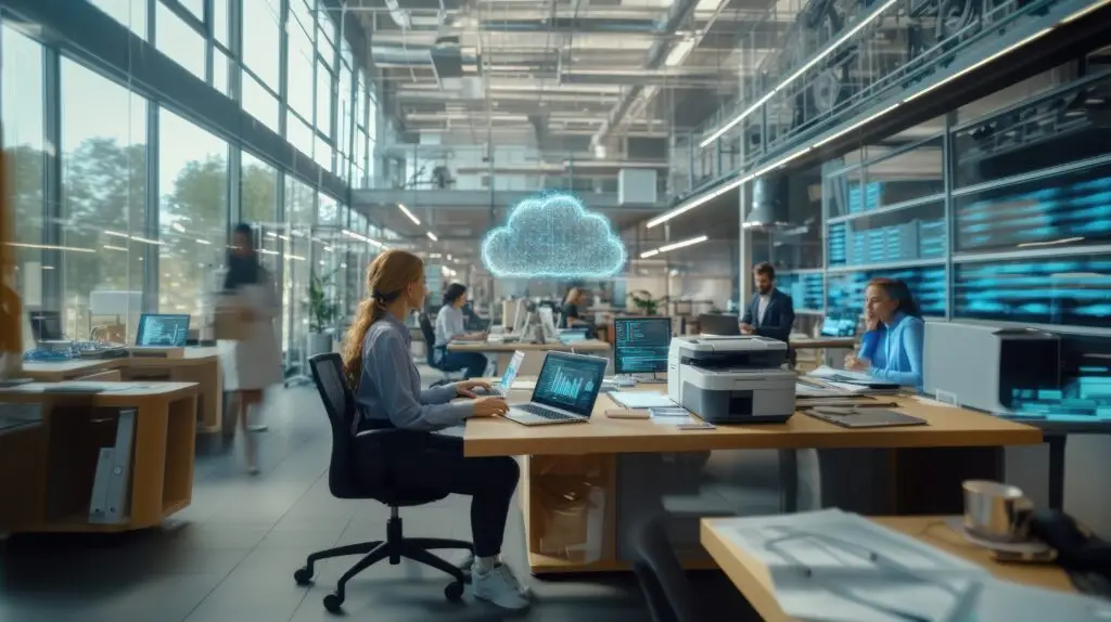 mujer escribiendo con una nube encima generada por illustracion